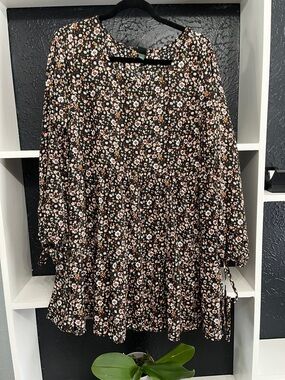 wild fable Black Floral Mini Dress with White and Brown Blossoms